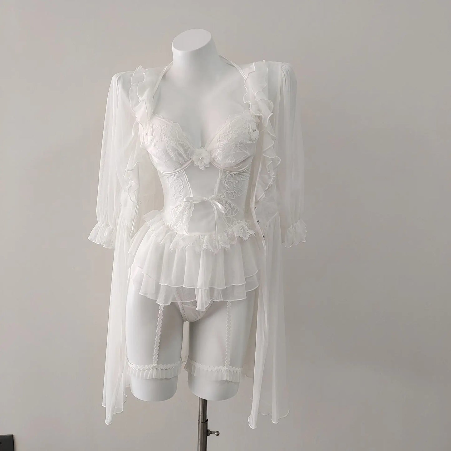Flower Lingerie Corset Vest Slim Waist Lace Mesh Fishbone Bra Nightdress with Panty Underwear Set
