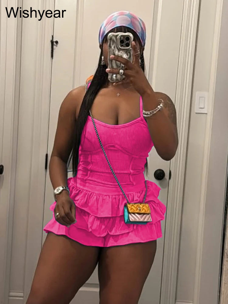 Spaghetti Strap Tanks Top and Pleated Puff Shorts Skirt Set