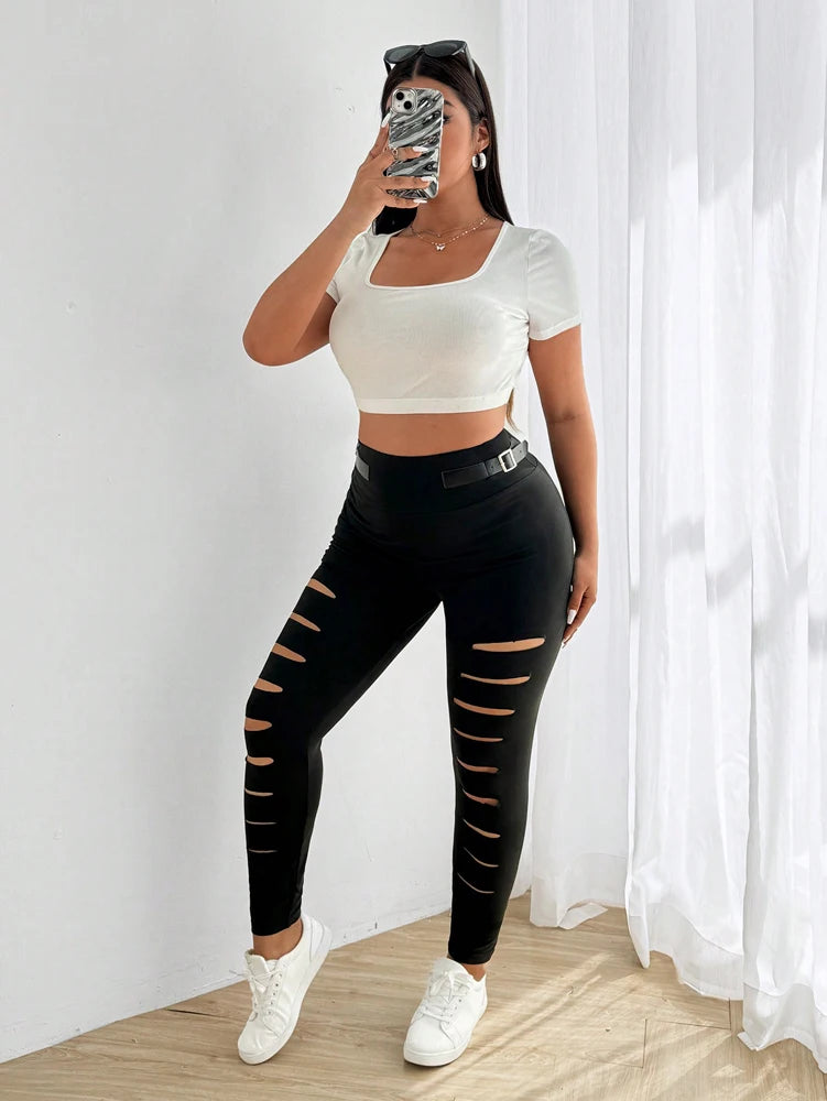Hollow Out Torn Knitted Zipper Buckle Decorated High Waist Tight Sports Pants