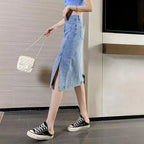 Denim Midi Skirt with Side Split Detail