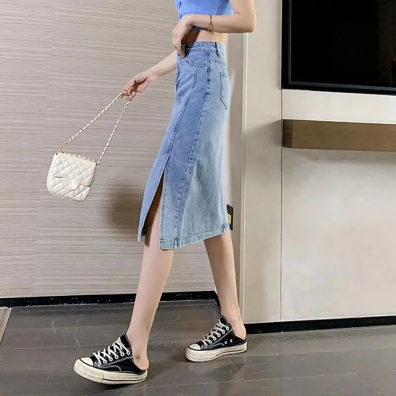 Denim Midi Skirt with Side Split Detail
