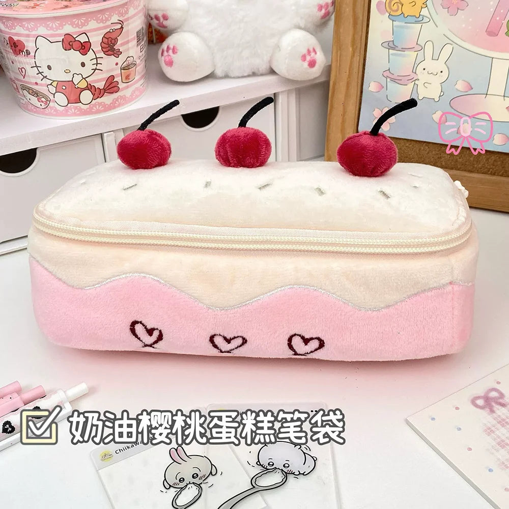 INS Fashion Korean Cream Swiss Roll Plush Pencil Case Student Desktop Storage Stationery Pen Bag Cute Girl Makeup Bag