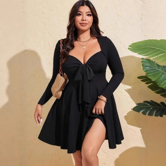 V-Neck Knitted Long Sleeve Solid Color Dress