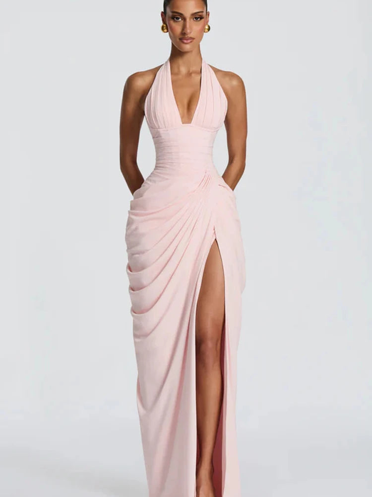 Solid Pleated Halter Dress