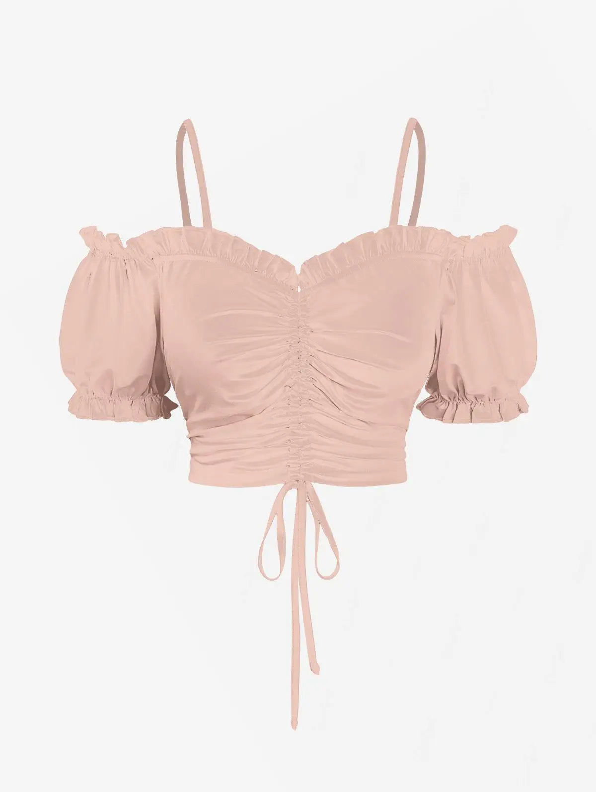 Cold Shoulder Puff Sleeves Cinched Ruffles Cropped Tops Solid  Women Summer Casual Cami Top XS-3X