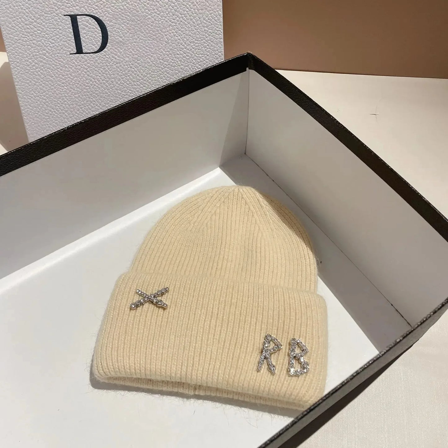 Real Rabbit Fur Diamonds Letter Beanie