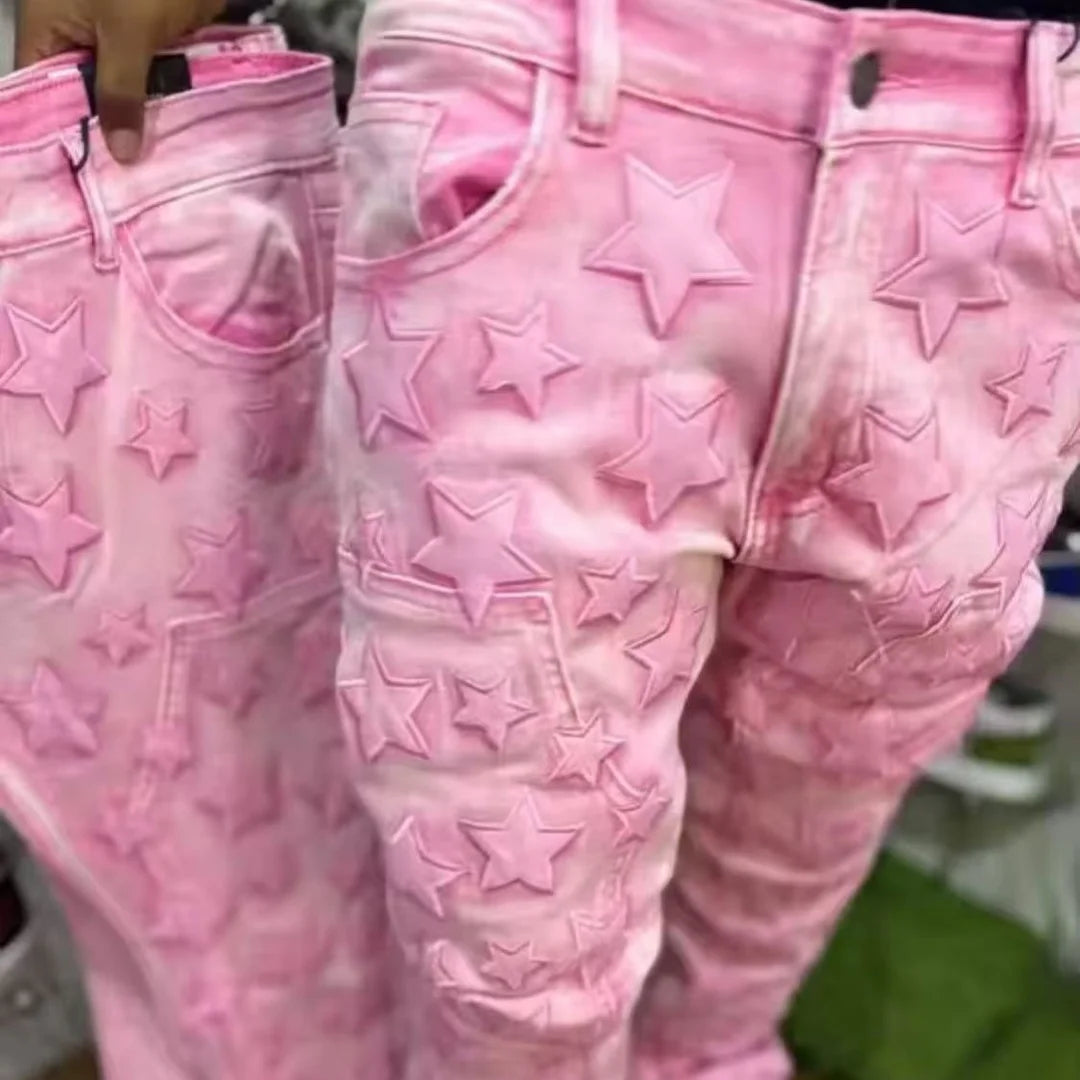 Pink Star Embroidery Spliced Denim Jeans