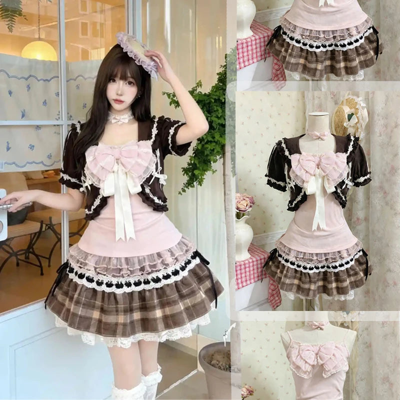 Casual Bow Top + Brown Lace Cardigan + Plaid Ruffle Skirt Set
