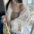 Faux Fox Fur Grass Sequined Tassels Coat