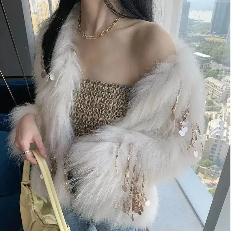 Faux Fox Fur Grass Sequined Tassels Coat