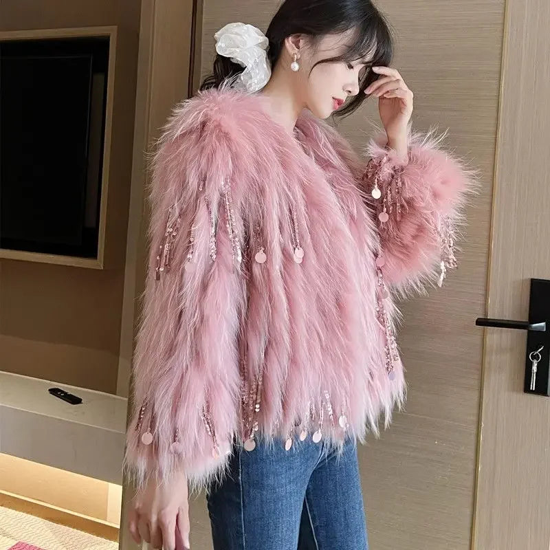 Faux Fox Fur Grass Sequined Tassels Coat