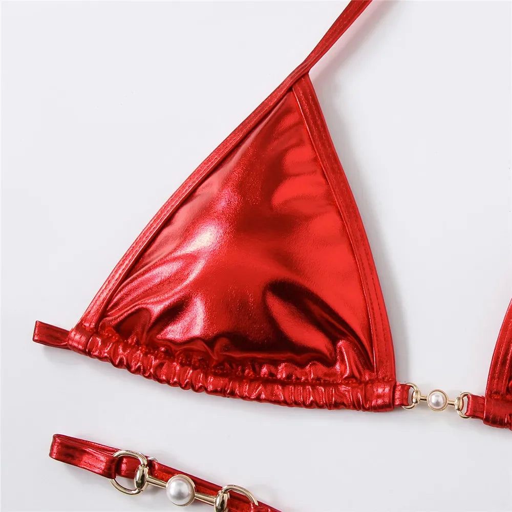 Shiny String Halter Triangle Micro Bikini