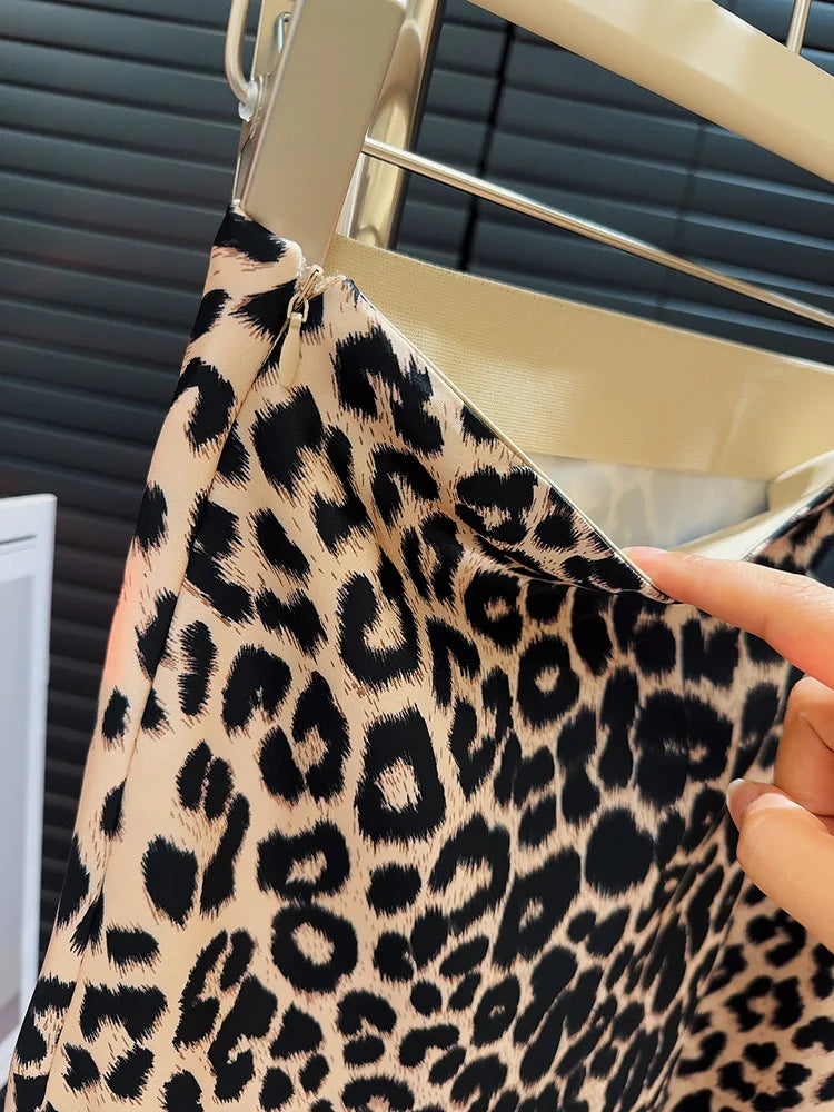Leopard Print Elastic Waist Long Skirt