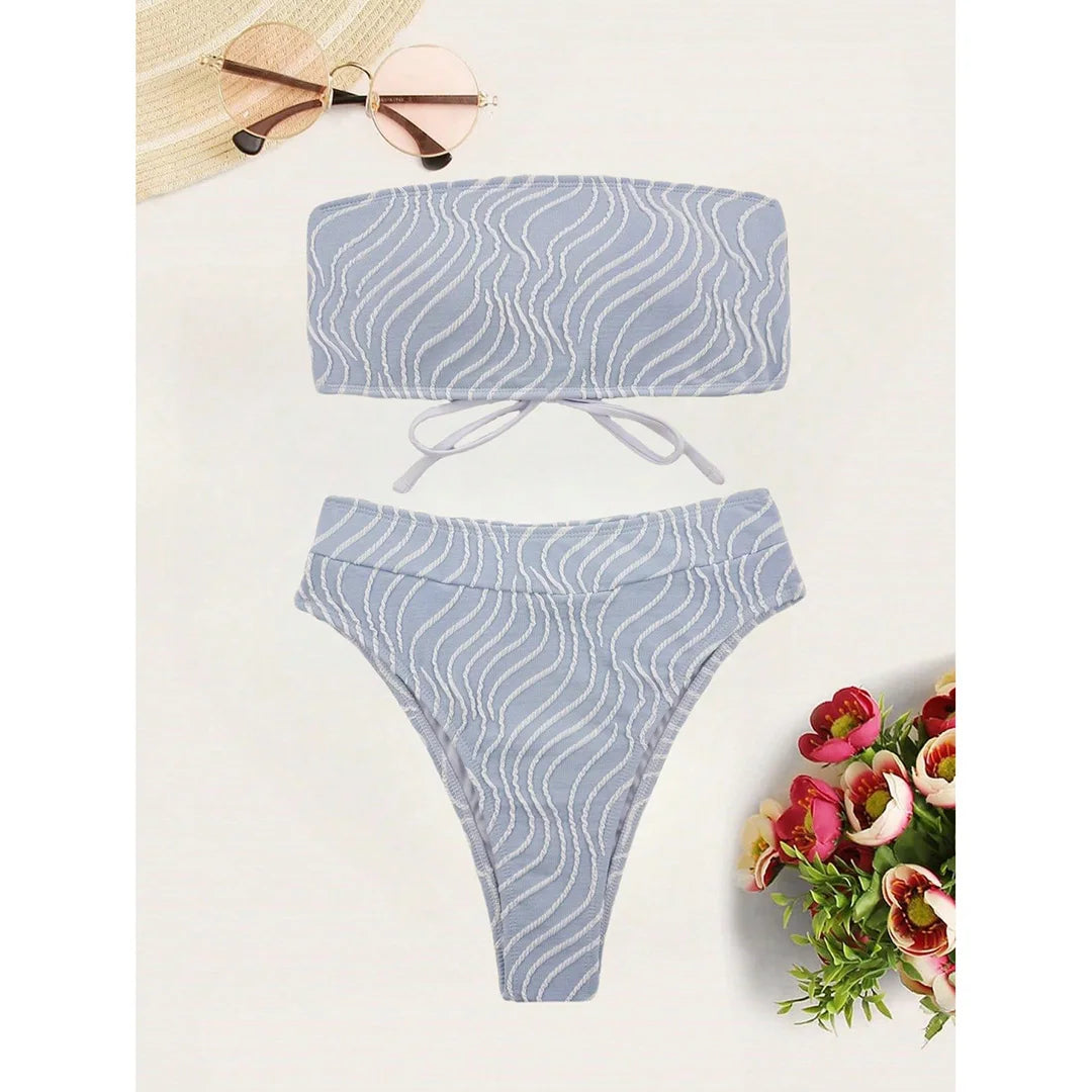 Veinkueeni Wave Striped Bandeau High Waist Bikini