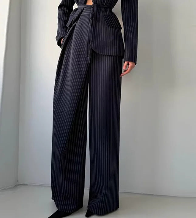 Backless Tie Waist Pinstripe Blazer Set
