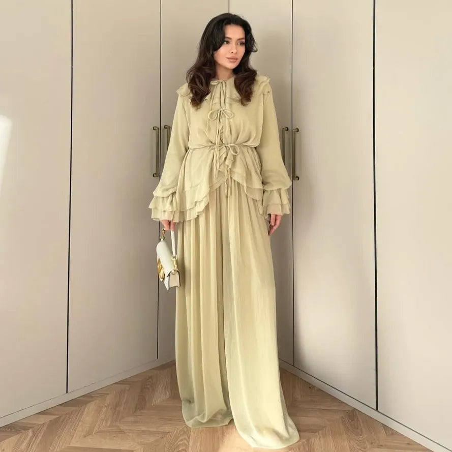 Women Top Wide Leg Pants 2 Piece Set Ramadan Eid Muslim Blouse Trousers Arabic Outfits Morocco Lace Up Dubai Islam Ensemble