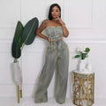 CM.YAYA Denim Set Sleeveless Strapless Top +Loose Jeans Pants