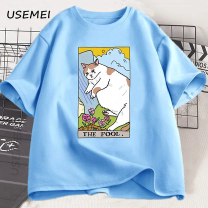 悲しい猫のミーム ザ・フール タロット Tシャツ メンズ レディース 魔女風ファッション 泣いている猫 Tシャツ カジュアル オーバーサイズ Tシャツ ストリートウェア