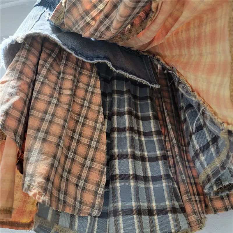 Plaid Denim Patchwork Irregular A-Line Mini Skirt