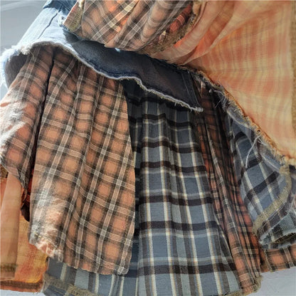 Plaid Denim Patchwork Irregular A-Line Mini Skirt