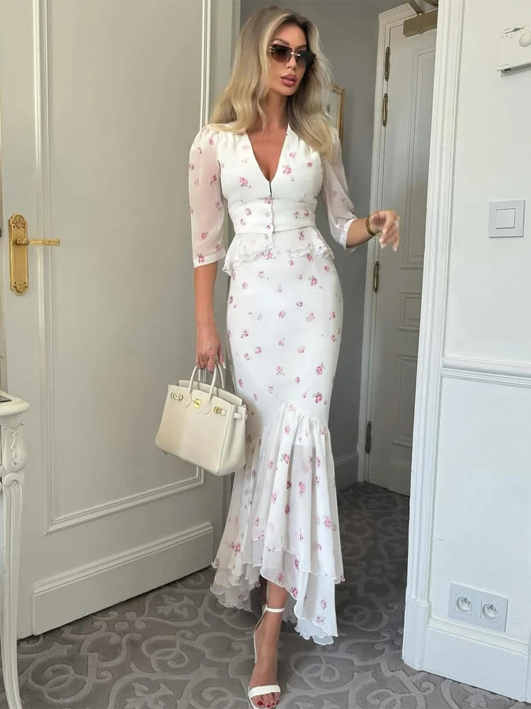 Floral Print V-Neck Peplum Top and Matching Fishtail Midi Skirt Set