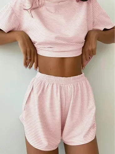 Knitting Stripes Pajamas Short Sleeve Shorts Set