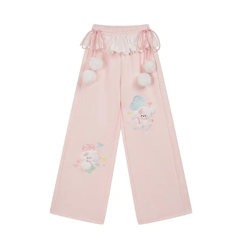 Cute Bunny Graphic Wide-Leg Lounge Pants – Grey with Pink Ribbons & Pom-Poms