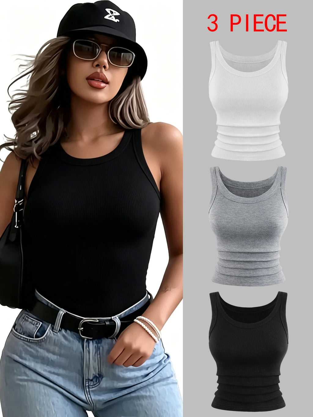 3PCS Ribbed Cotton Tank Top