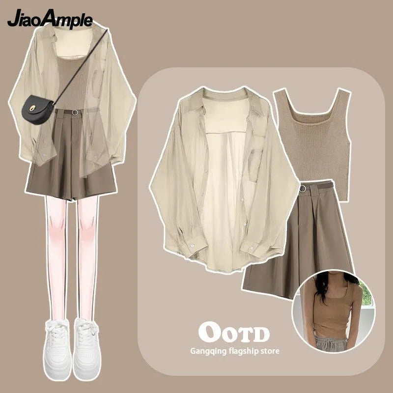 Sheer Button-Down Shirt, Ribbed Knit Tank Top, and Pleated Shorts Set