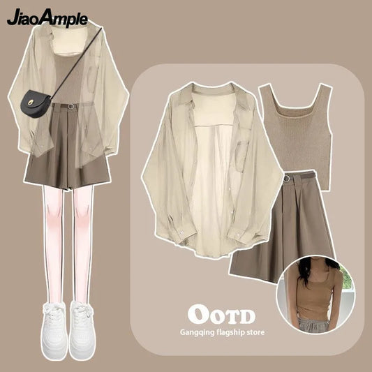 Sheer Button-Down Shirt, Ribbed Knit Tank Top, and Pleated Shorts Set