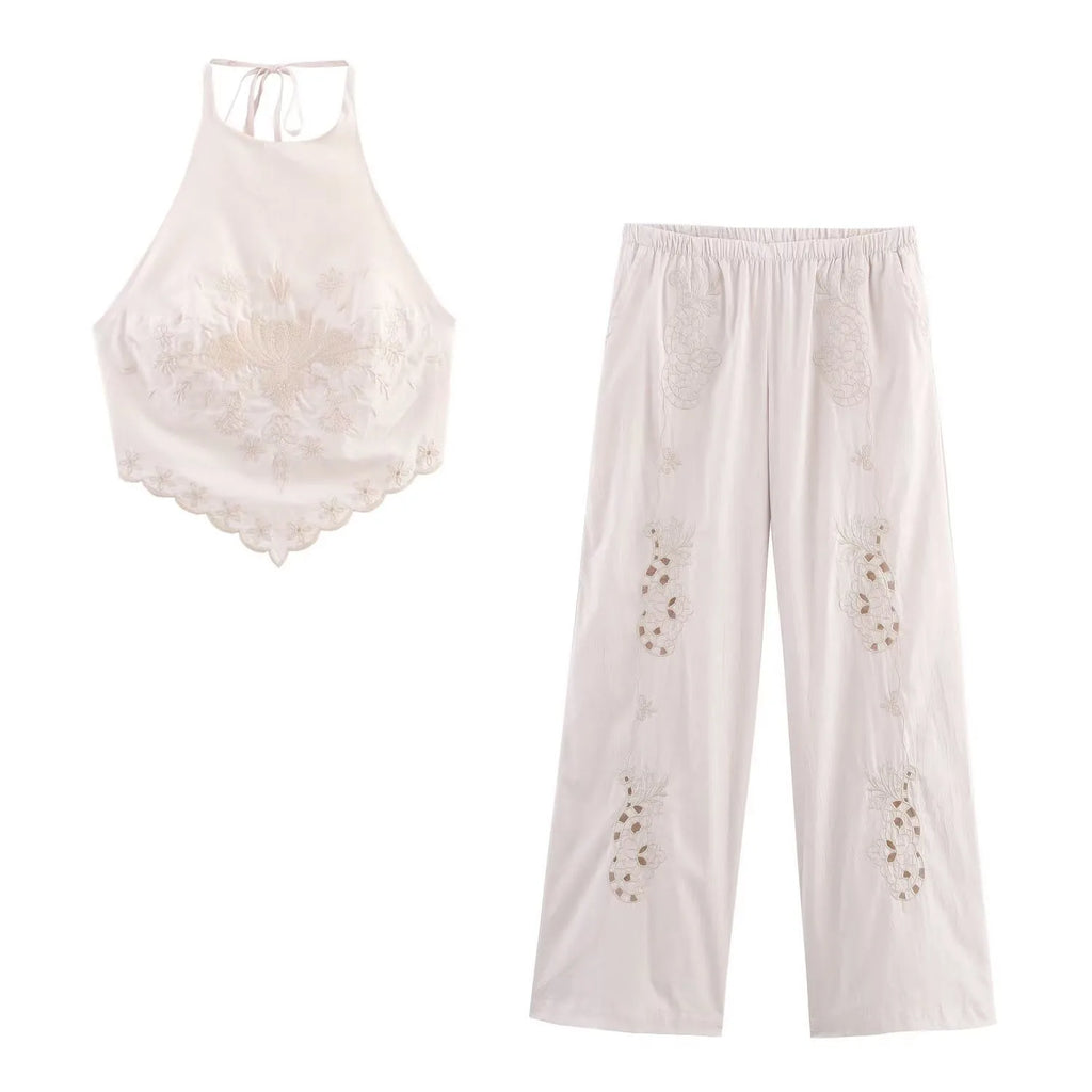 Backless Embroidery Strapless Sleeveless Poplin Top + Elastic Waist Pants