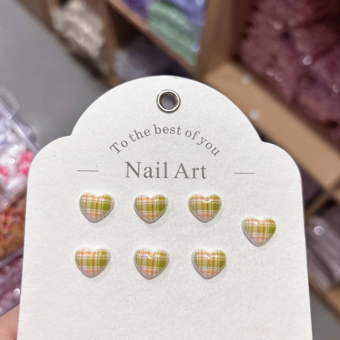 100Pcs 10×11mm Heart Plaid Nail Charms - 3D Sweet Girl Nail Art, Lovely Press-On Nail Decor for DIY Kawaii Manicures