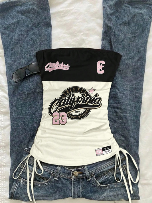 Drawstring Tie Front Cutaway Tapered Tube Top