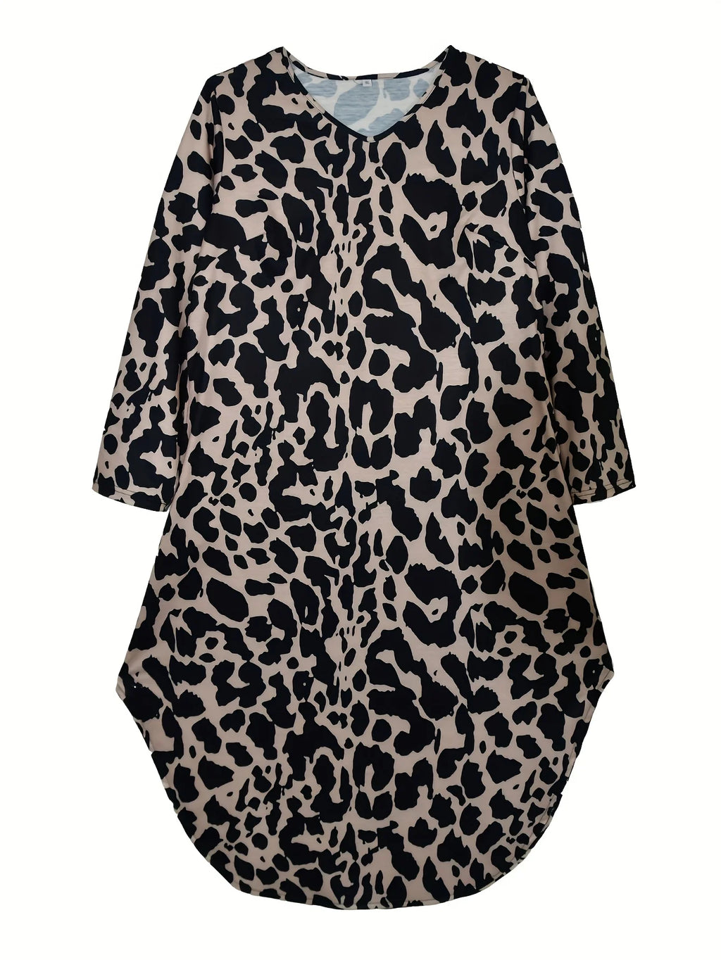 Women Plus Size Casual Leopard Print V Neck Tunic Dress with Pockets Polyester Knit Fabric, Slight Stretch Spring Season