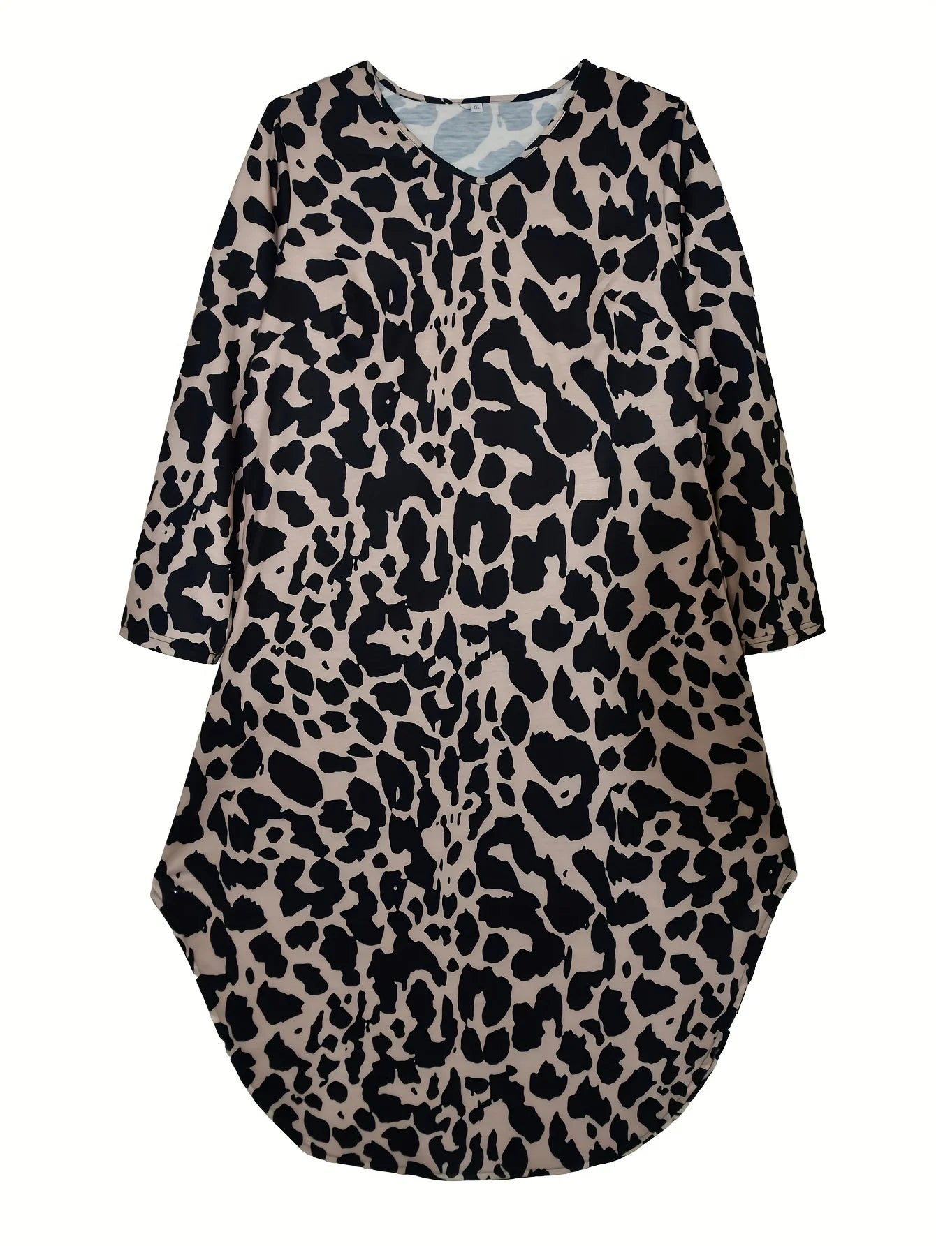 Women Plus Size Casual Leopard Print V Neck Tunic Dress with Pockets Polyester Knit Fabric, Slight Stretch Spring Season