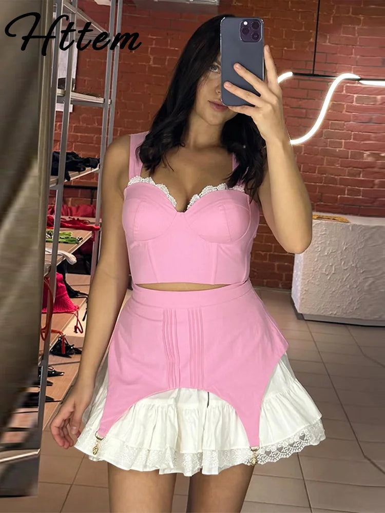 Lace Patchwork Slip Top Skirt Set