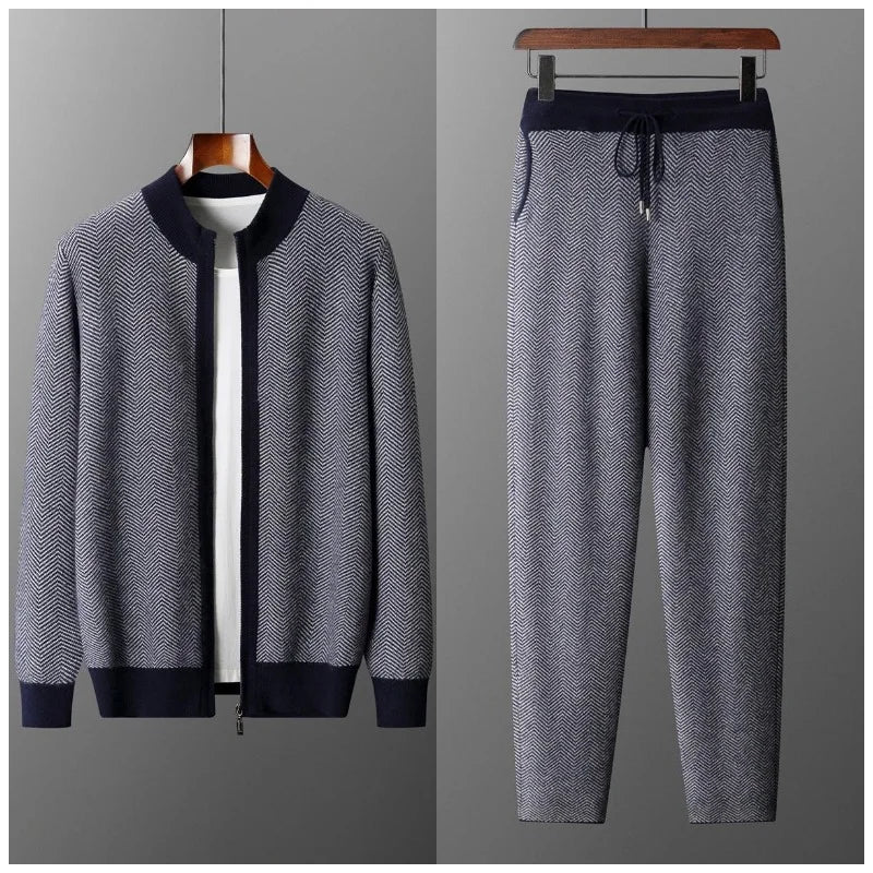 Merino Wool Sweater Cardigan Pants Autumn Winter Knitted Thick Soft Herringbone Color Blocking Pants Set