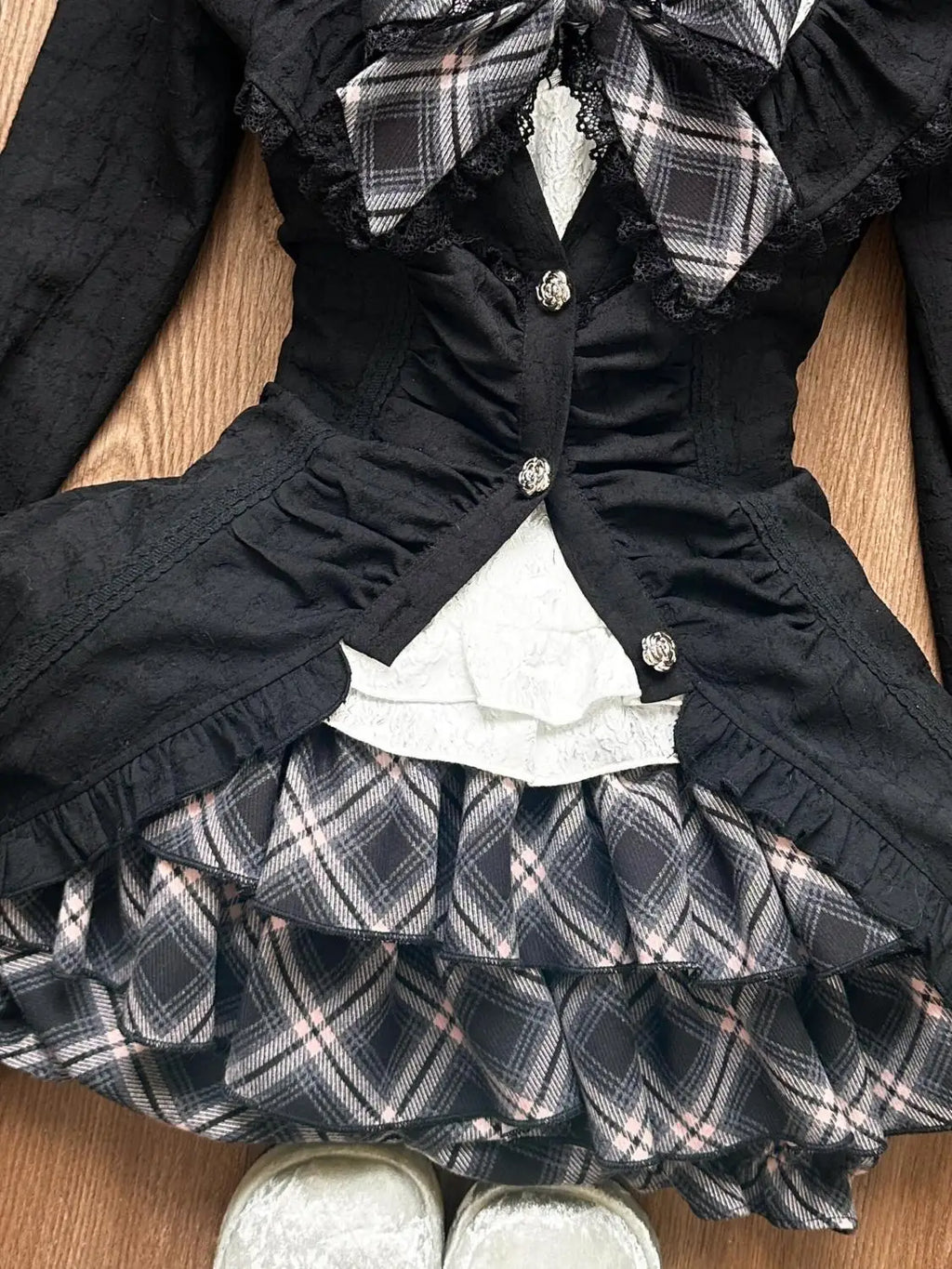 Slash Neck Sling Long Sleeve Cardigan + High Waist Plaid Skirt Set