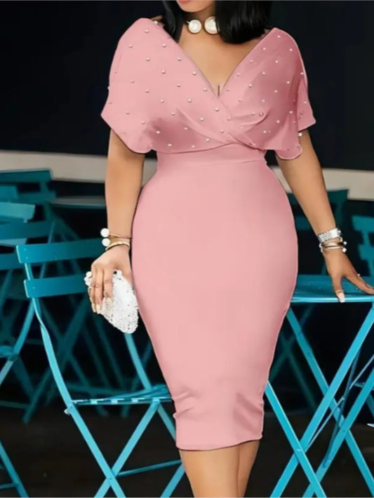 Pink Pearl Embellished Midi Bodycon Dress