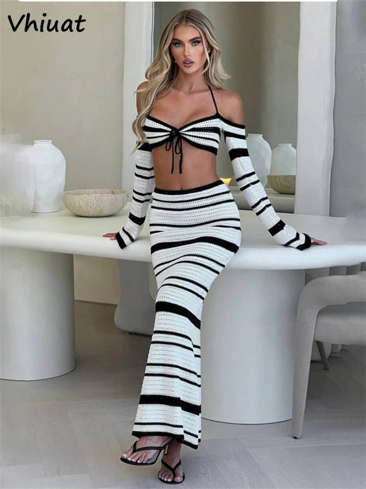 Vhiuat Striped Long Sleeve Tops Long Skirt Set
