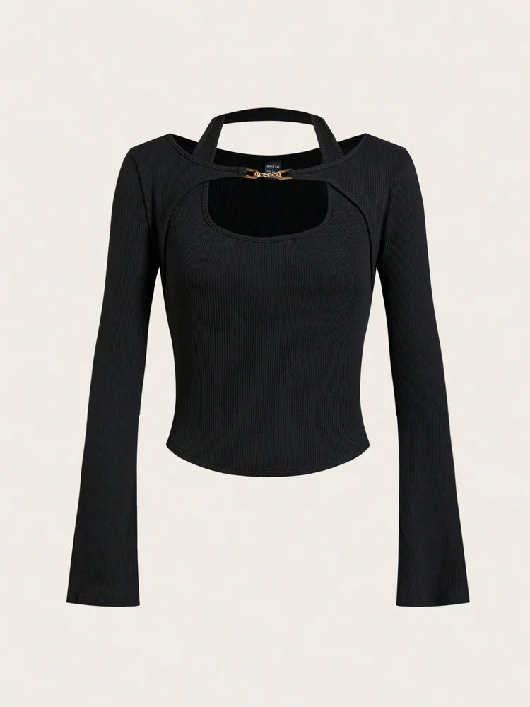 Halter Neck Chain Button Long Sleeve Faux Two-Piece Top