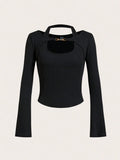 Halter Neck Chain Button Long Sleeve Faux Two-Piece Top