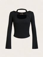 Halter Neck Chain Button Long Sleeve Faux Two-Piece Top
