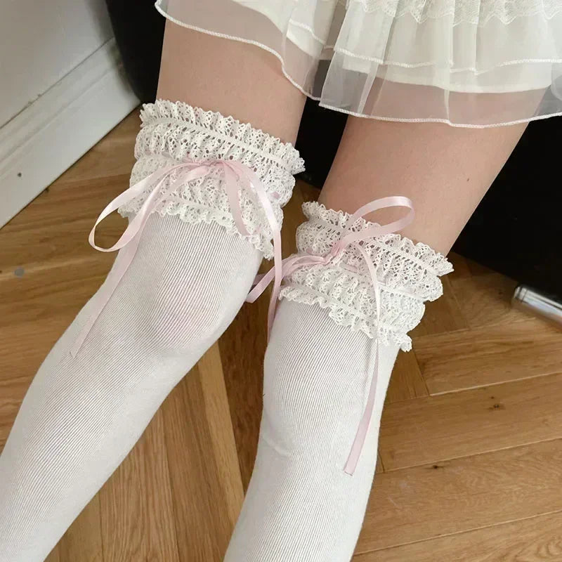 Lace Bow Over Knee-High Socks