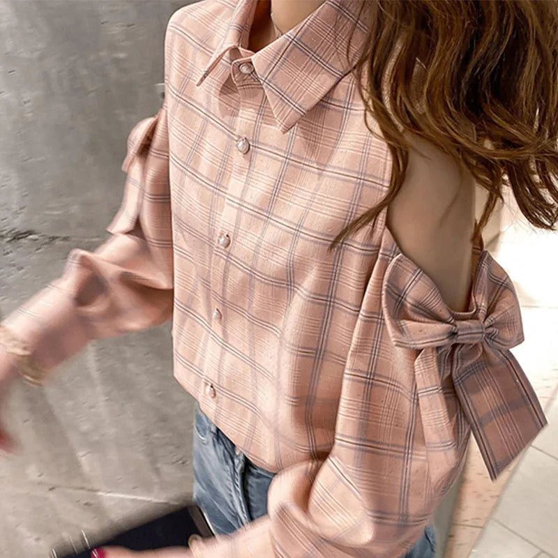 Cold-Shoulder Plaid Button-Down with Bow Sleeves