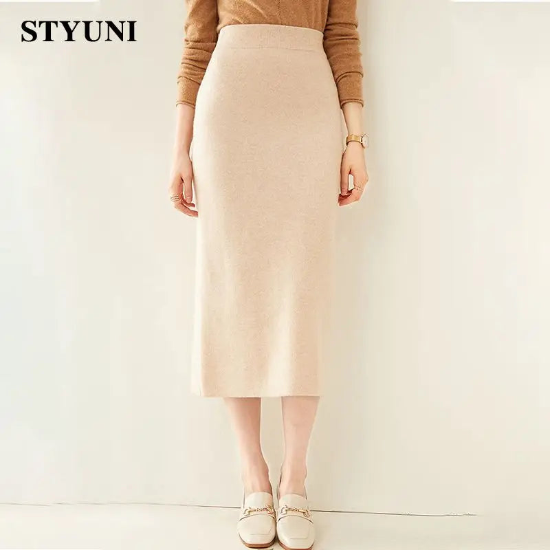 Straight Solid Elastic High Waist Knitted Skirt