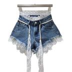 Crochet Lace Trim Slimming Raw Hem Denim Shorts + Pearl Belt