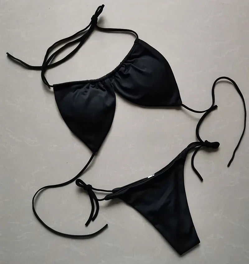 Solid Color Ruched String Bikini