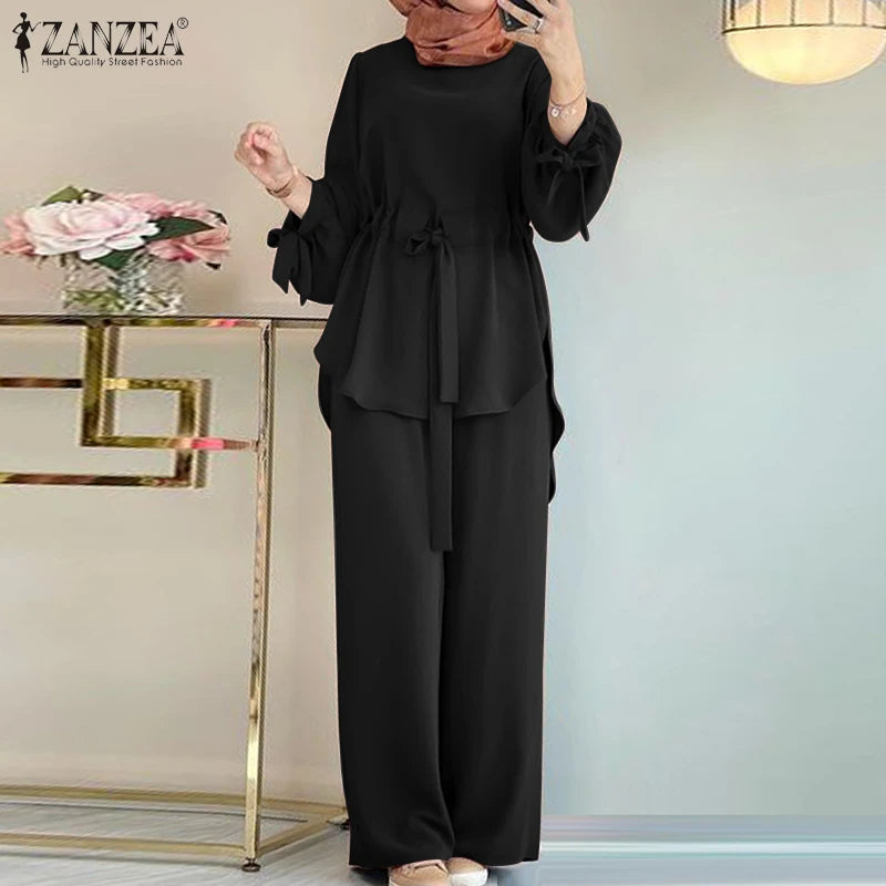 2024 ZANZEA Women Long Sleeve Blouse Pant Suits Fashion Abaya Hijab Tracksuits IsIamic Clothing 2PCS Vintage Autumn Muslim Sets