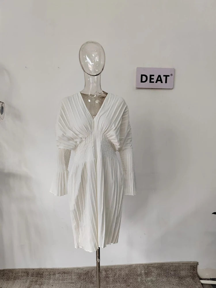 DEAT V-neck Pleated Waist Flare Sleeves Pullover Solid Color Slim Dress